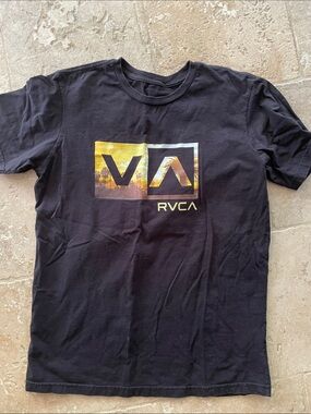 RVCA Black Short-Sleeve Tee with Iridescent Blue-Green VA Logo
